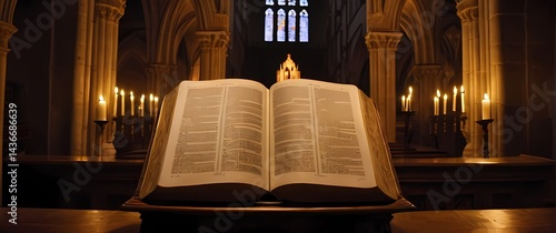 Open old Bible on carved wooden lectern with soft candlelight flickering amid richly detailed cathedral interior