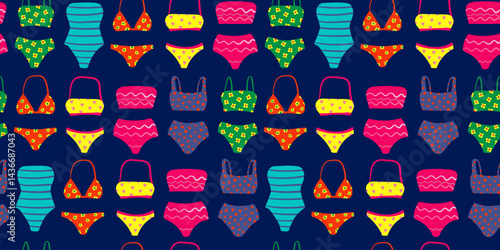 vibrant seamless vector pattern of colorful swimwear on dark blue background, repeating summer beachwear design, modern and playful swimsuit texture for fashion and textile