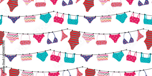 modern seamless vector pattern colorful swimwear hanging on clotheslines, playful summer beachwear design on white background, fun vibrant swimsuit texture for fashion textile