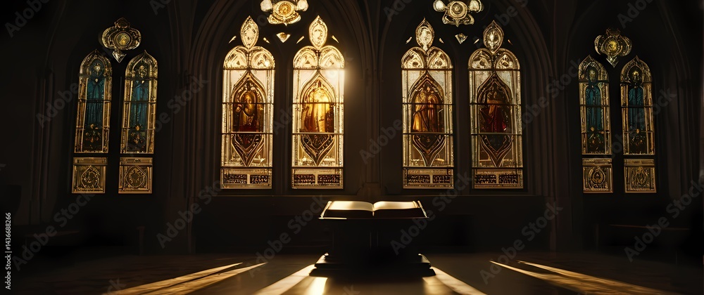 Fototapeta premium Open ancient scripture illuminated by golden sunrays passing through high gothic stained glass window