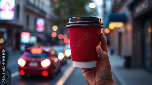 Hand holding red paper coffee cup outdoors at night