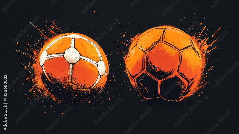 Fototapeta premium Two orange soccer balls, splash background, sport graphic, website banner