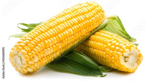 Fresh Corn on the Cob Isolated with Green Leaves on White Background