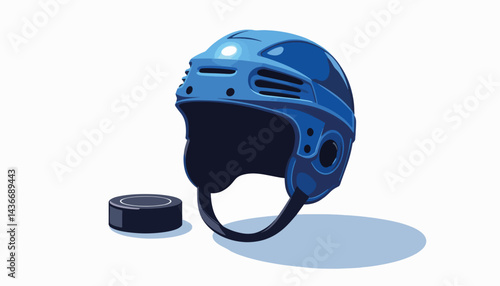 Modern blue hockey helmet with puck on white background, sports safety