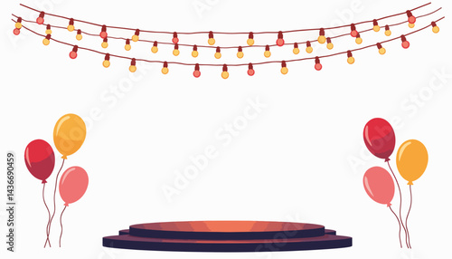 Festive prom stage with string lights and colorful balloons, joyful celebration