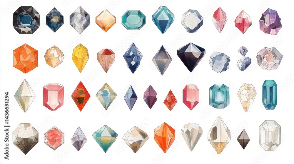 Colorful gemstone collection, various shapes, white background, jewelry design Colorful gemstone collection, various shapes, white background, jewelry design