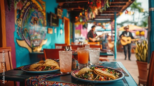 Colorful outdoor patio restaurant featuring delicious tacos.