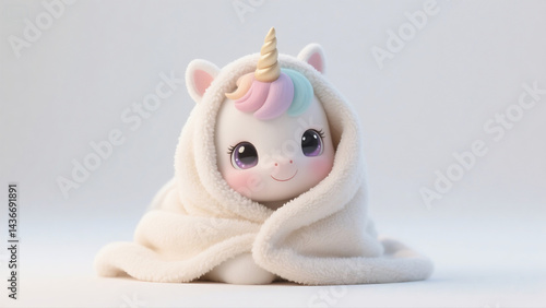 Adorable plush unicorn with pastel rainbow mane and golden horn, wrapped in a cozy white blanket. Cute toy character on a white background