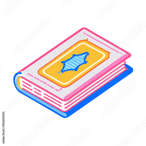 Colorful Illustrated Book Design with Leather Cover Pattern on White Background