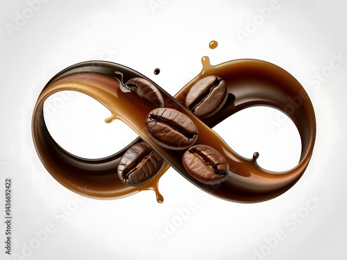 coffee beans and liquid coffee creating an infinity symbol shape against a pure white background