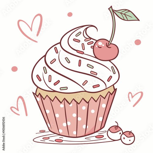 Cute Cupcake Dessert Illustration – Colorful Vector Pastry with Frosting and Sweet Toppings