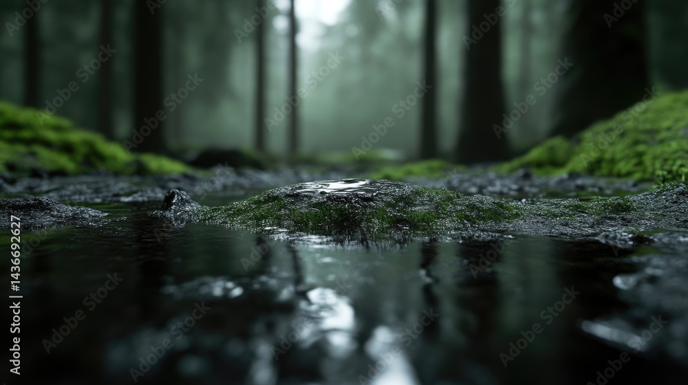 Fototapeta premium Misty forest creek reflecting the trees