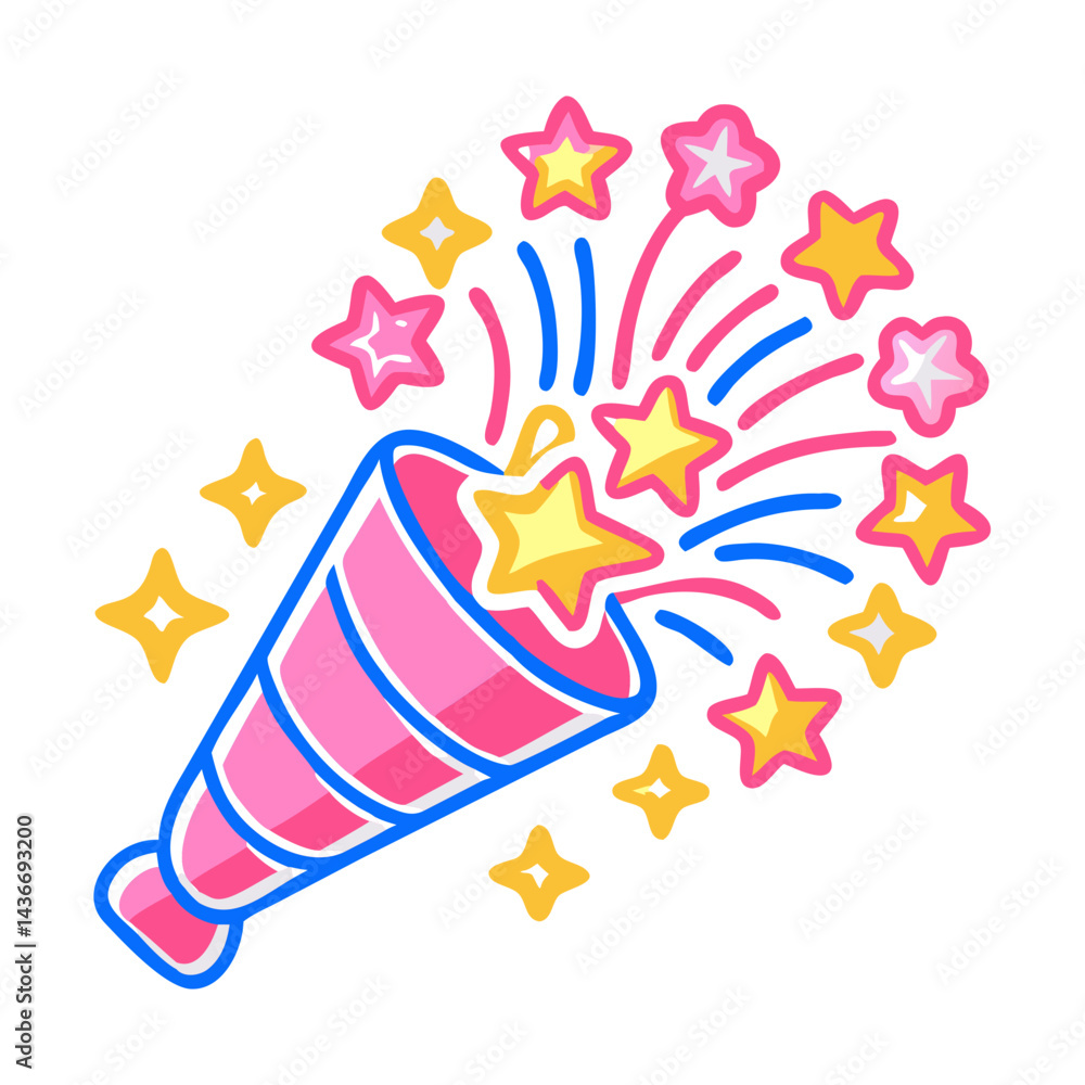 Obraz premium Colorful Confetti Popper with Stars on White Background - Festive Celebration Element for Parties and Events