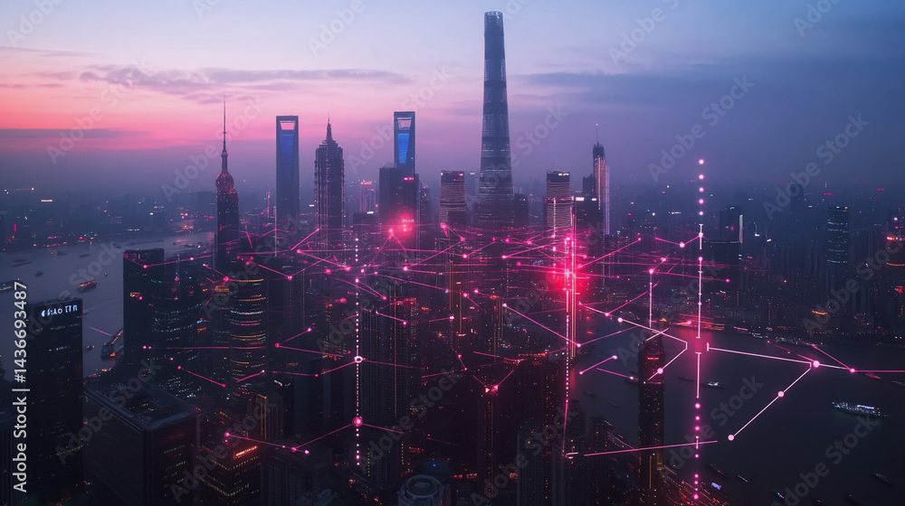 Fototapeta premium Night lights, a city of modern business and smart digital innovation with a network of interconnected rewards over the cityscape of the future smart wireless digital city and social media network that