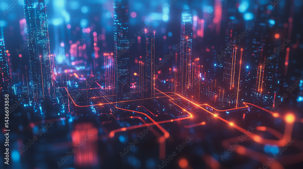 Obraz premium Night lights, a city of modern business and smart digital innovation with a network of interconnected rewards over the cityscape of the future smart wireless digital city and social media network that