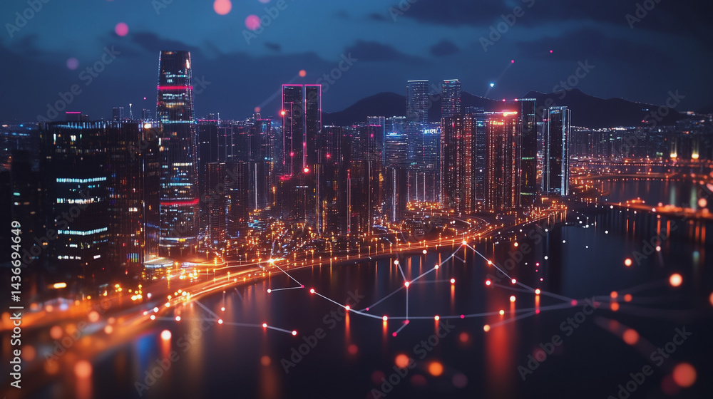 Obraz premium Night lights, a city of modern business and smart digital innovation with a network of interconnected rewards over the cityscape of the future smart wireless digital city and social media network that