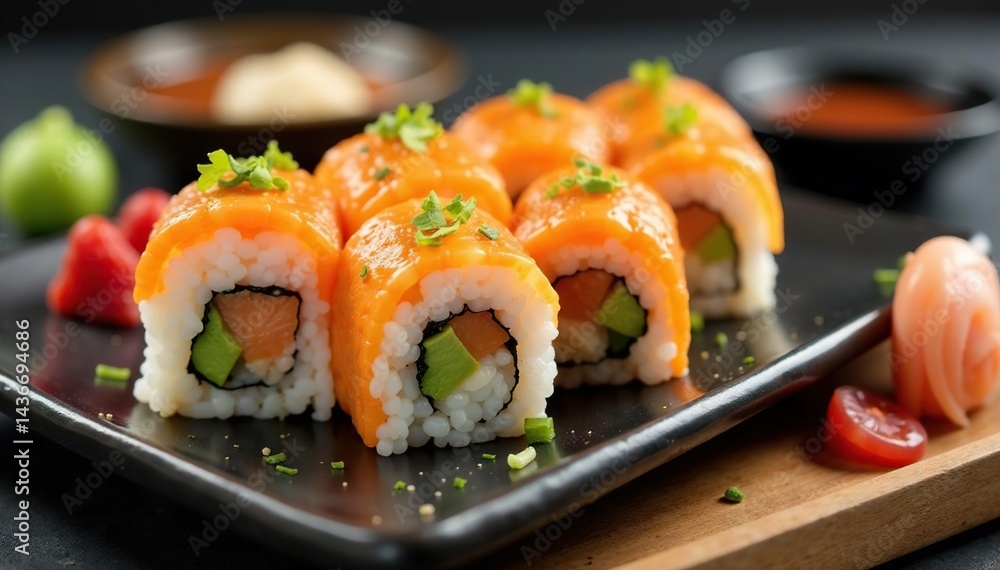 Colorful sushi rolls, ginger, wasabi, garnishes , soy, fresh, rice Colorful sushi rolls, ginger, wasabi, garnishes , soy, fresh, rice