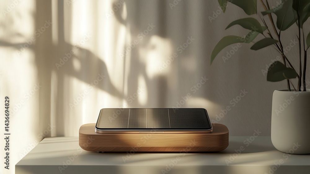 Minimalist 3D Rendering of Solar Powered Phone Charging Station with Wooden Finish and USB Port. Minimalist 3D Rendering of Solar Powered Phone Charging Station with Wooden Finish and USB Port.