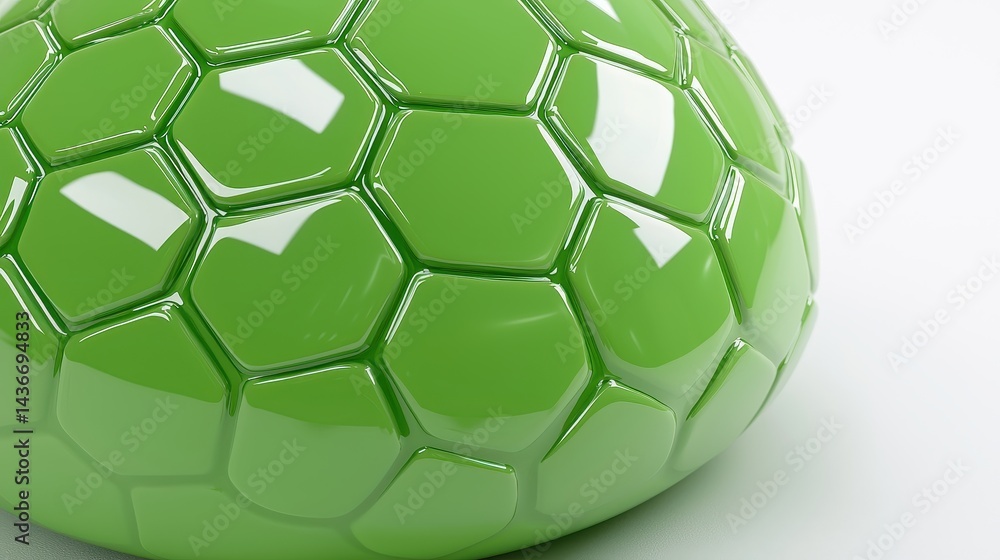 Obraz premium Abstract Green Geometric Sphere with Hexagonal Facets Shiny Surface 3D Render Closeup View Clean Background