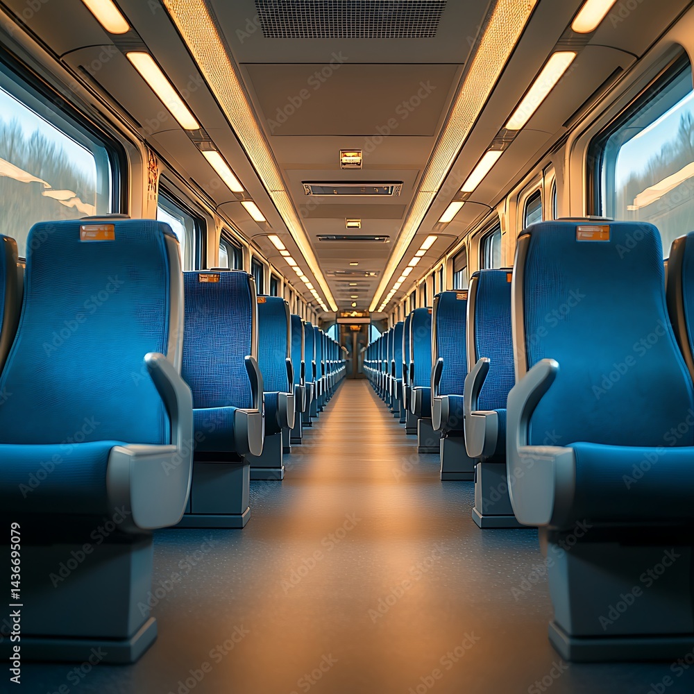 Naklejka premium Interior view of a modern train car with blue seats.