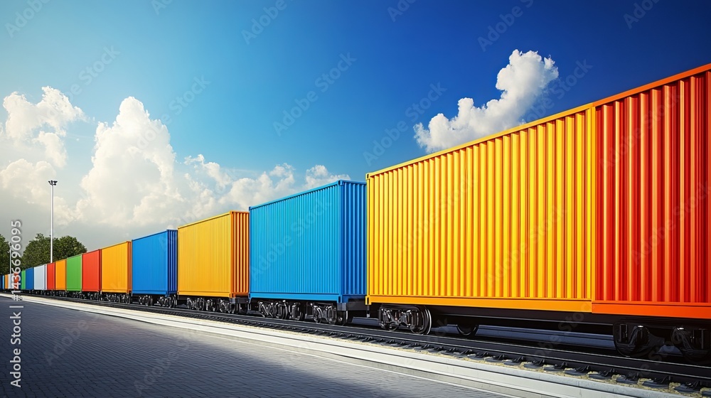 Fototapeta premium Cargo containers fill a freight train, showcasing railway logistics and transportation.