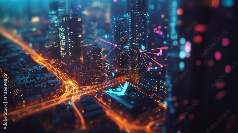 Fototapeta premium Night lights, a city of modern business and smart digital innovation with a network of interconnected rewards over the cityscape of the future smart wireless digital city and social media network that