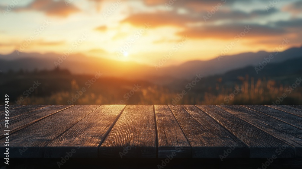 Wooden table top with a blurry background of a mountain landscape and sunset. Wooden table top with a blurry background of a mountain landscape and sunset.