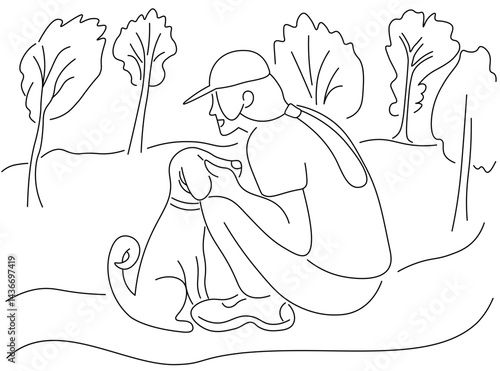 horizontal illustration with female and dog on walking in linear doodle style. Template for background, wallpaper, banner, backdrop, decoration
