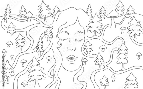 simple horizontal forest landscape with girl portrait in linear doodle style. Template for background, wallpaper, banner, backdrop, decoration
