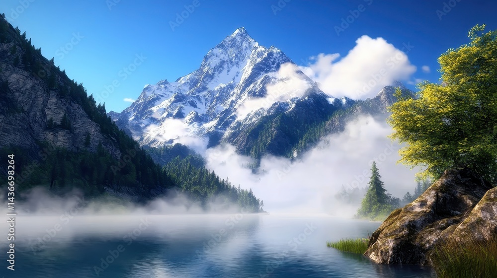 Fototapeta premium Majestic snowcapped peak reflected in a serene mountain lake shrouded in morning mist lush green forests rocky cliffs