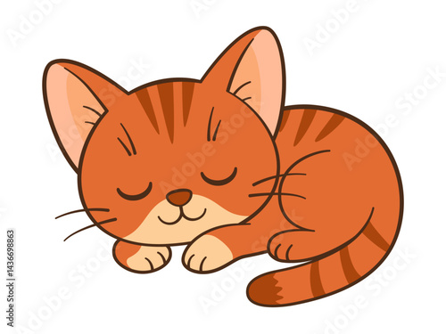 Cute orange tabby kitten sleeps sweetly. Sleeping Chibi Cat. Flat style, clean, simple, adorable feline graphic. Perfect for children’s content, greeting cards, stickers, or tshirts, mug and posters