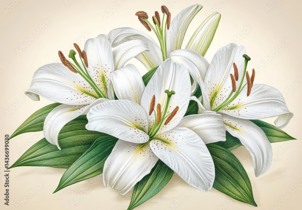 Fototapeta premium The illustration features a beautifully rendered bouquet of white lilies set against a soft cream backdrop