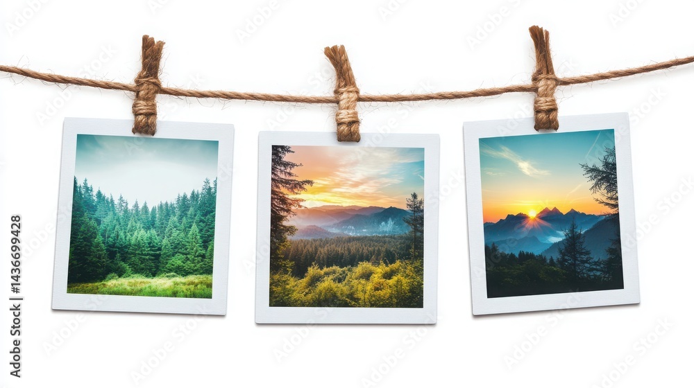 Fototapeta premium Three Polaroid-style landscape images hanging on a string, depicting lush green forests, a dramatic sunset over mountain peaks, and a breathtaking sunrise scene, isolated on a.