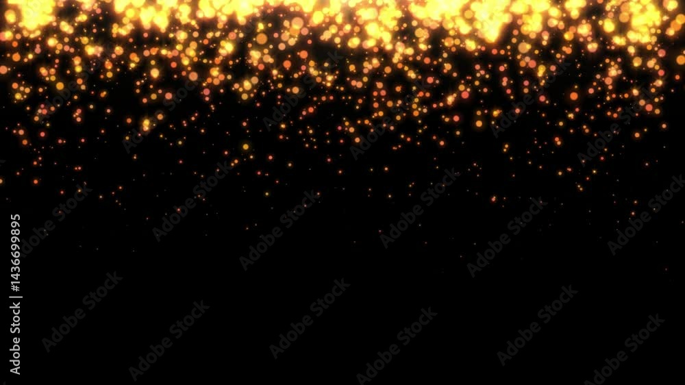 Golden bokeh lights falling on black background. Festive glitter animation. 4K video.
Golden bokeh lights falling on black background. Festive glitter animation. 4K video.