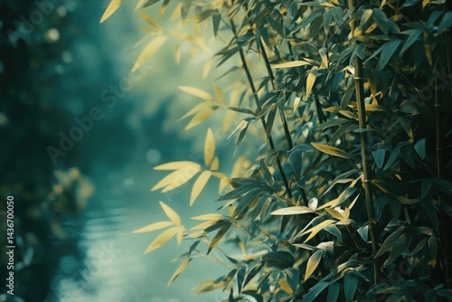 Wallpaper Mural Serene bamboo leaves near tranquil water, bathed in soft, ethereal light. Torontodigital.ca