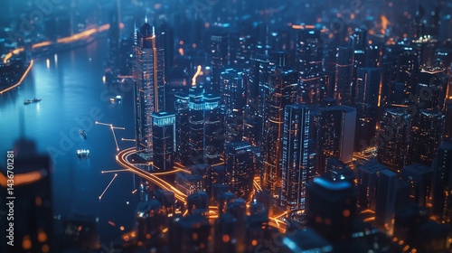 Wallpaper Mural Night lights, a city of modern business and smart digital innovation with a network of interconnected rewards over the cityscape of the future smart wireless digital city and social media network that Torontodigital.ca