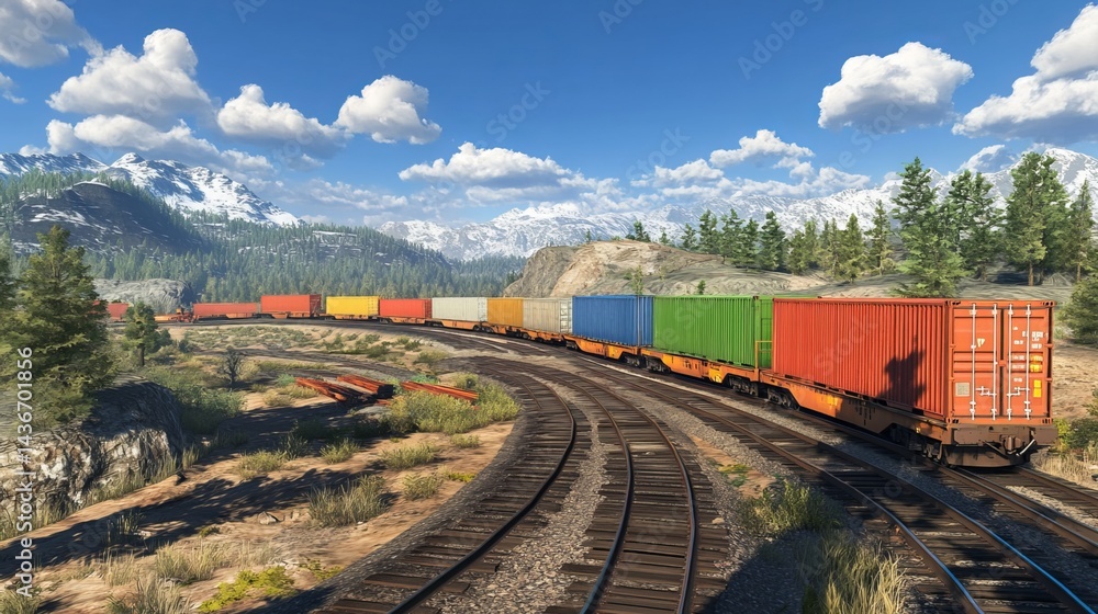 Fototapeta premium Freight trains efficiently transport cargo containers, enabling intermodal shipping for import/export goods, particularly from China. This rail freight system supports global logistics. 