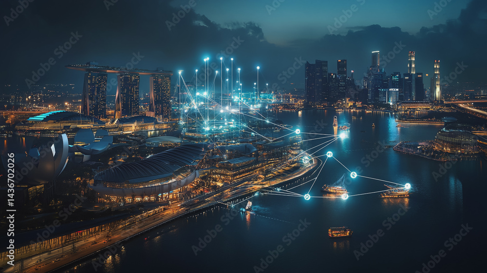 Fototapeta premium Night lights, a city of modern business and smart digital innovation with a network of interconnected rewards over the cityscape of the future smart wireless digital city and social media network that