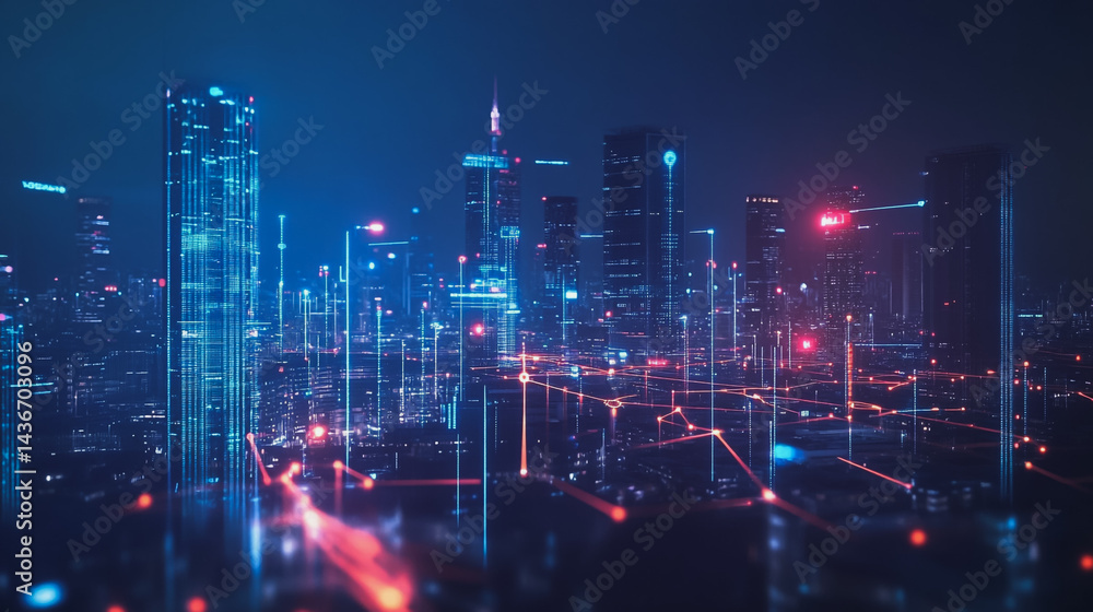 Night lights, a city of modern business and smart digital innovation with a network of interconnected rewards over the cityscape of the future smart wireless digital city and social media network that Night lights, a city of modern business and smart digital innovation with a network of interconnected rewards over the cityscape of the future smart wireless digital city and social media network that