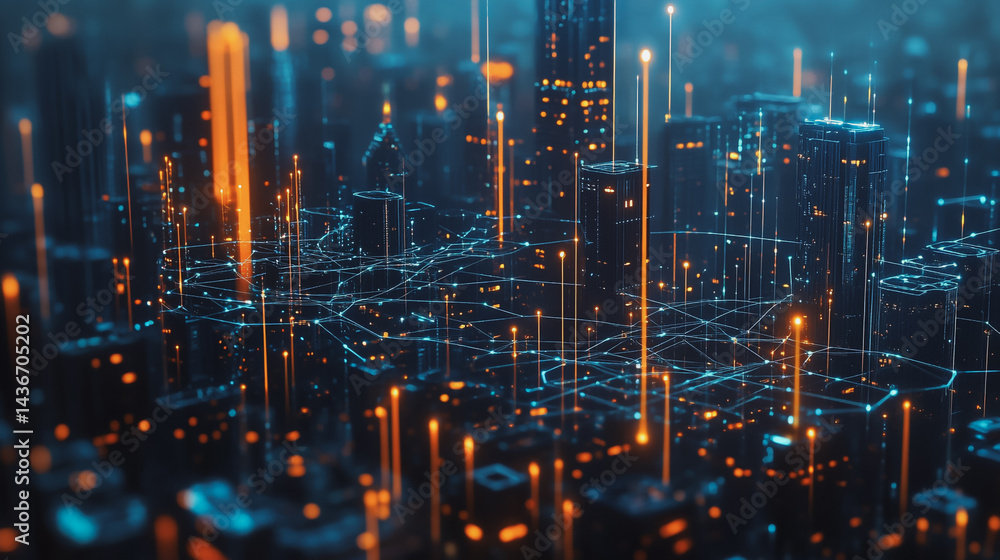 Fototapeta premium Night lights, a city of modern business and smart digital innovation with a network of interconnected rewards over the cityscape of the future smart wireless digital city and social media network that