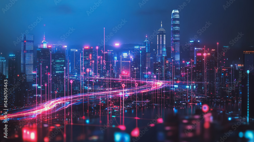Night lights, a city of modern business and smart digital innovation with a network of interconnected rewards over the cityscape of the future smart wireless digital city and social media network that Night lights, a city of modern business and smart digital innovation with a network of interconnected rewards over the cityscape of the future smart wireless digital city and social media network that