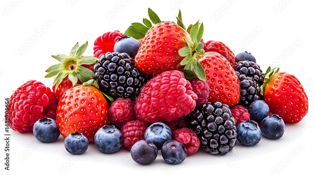 Fresh Mixed Berries on a White Background with Green Leaves Fresh Mixed Berries on a White Background with Green Leaves