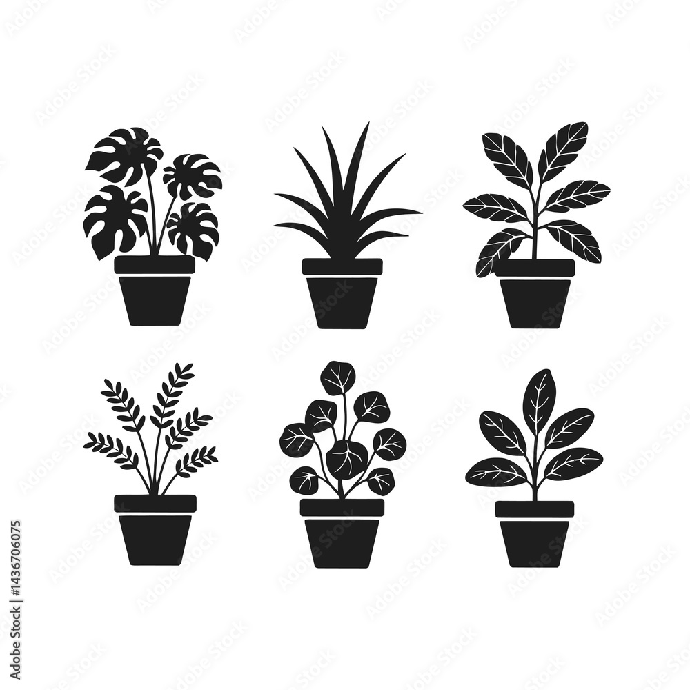 Six distinct potted plant silhouettes are arranged in two rows on a white background, showcasing a variety of leaf shapes and styles. Six distinct potted plant silhouettes are arranged in two rows on a white background, showcasing a variety of leaf shapes and styles.