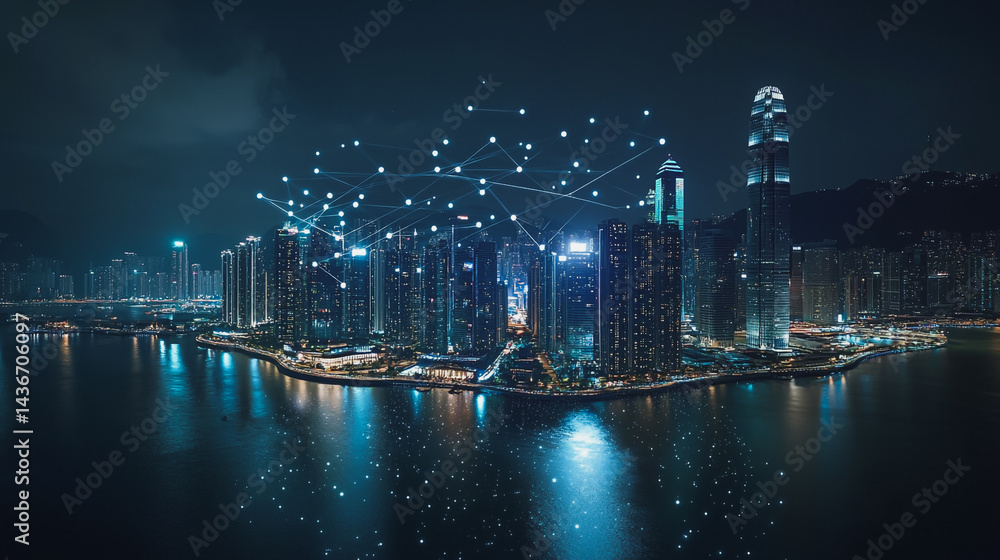 Naklejka premium Night lights, a city of modern business and smart digital innovation with a network of interconnected rewards over the cityscape of the future smart wireless digital city and social media network that