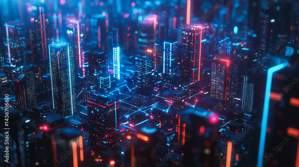 Night lights, a city of modern business and smart digital innovation with a network of interconnected rewards over the cityscape of the future smart wireless digital city and social media network that Night lights, a city of modern business and smart digital innovation with a network of interconnected rewards over the cityscape of the future smart wireless digital city and social media network that