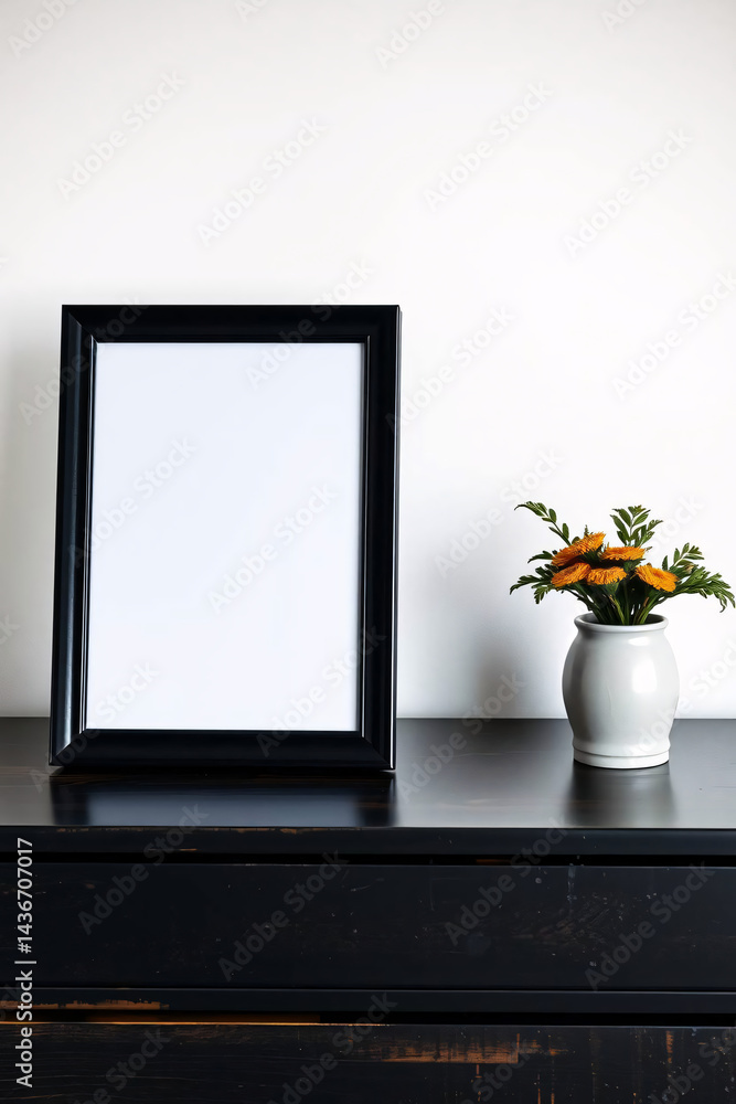 Minimalist black and white gradient art in a sleek frame on wooden furniture, elegant interior decor. Minimalist black and white gradient art in a sleek frame on wooden furniture, elegant interior decor.