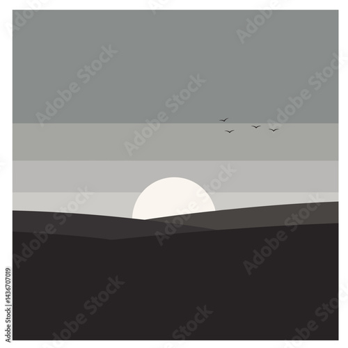Minimalist landscape with sunset and birds in gray tones  