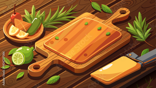 Cutting board from beech wood is on brown table