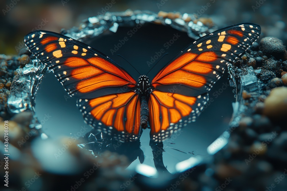 Fototapeta premium Monarch Butterfly with Broken Mirror, and Nature.