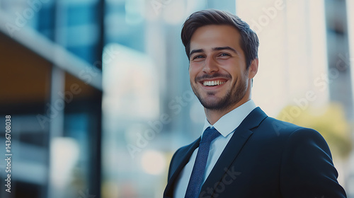 Short beard businessman wearing dark suit and smiling on blurred outdoor background.